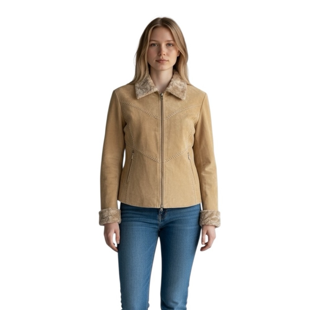 Vintage Massini Suede Leather Jacket With Faux Fur Lining And Trim